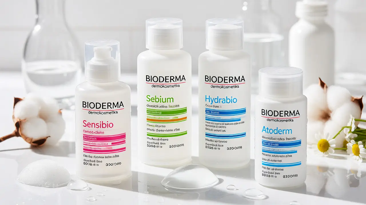 Sada barevně kódovaných lahviček Bioderma řad Sensibio, Sebium a Hydrabio na bílém pozadí.