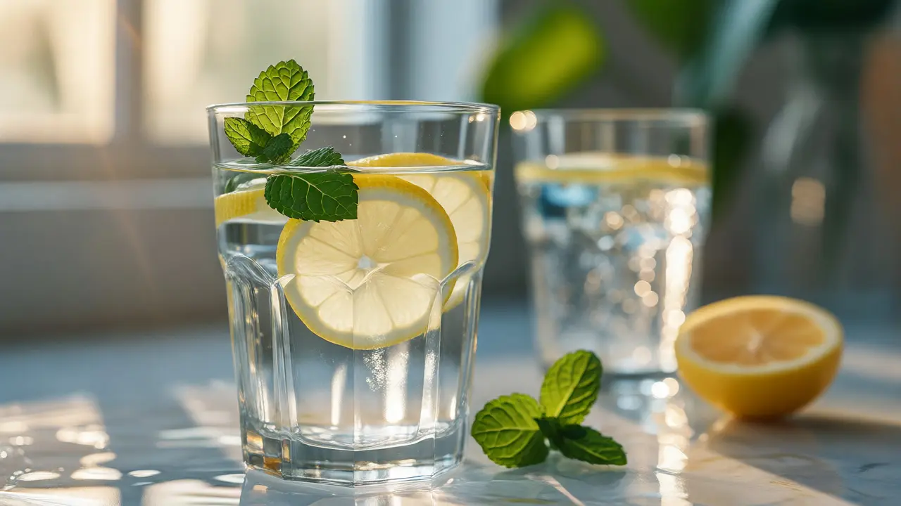 Sklenice vody s citronem jako symbol hydratace proti kocovině