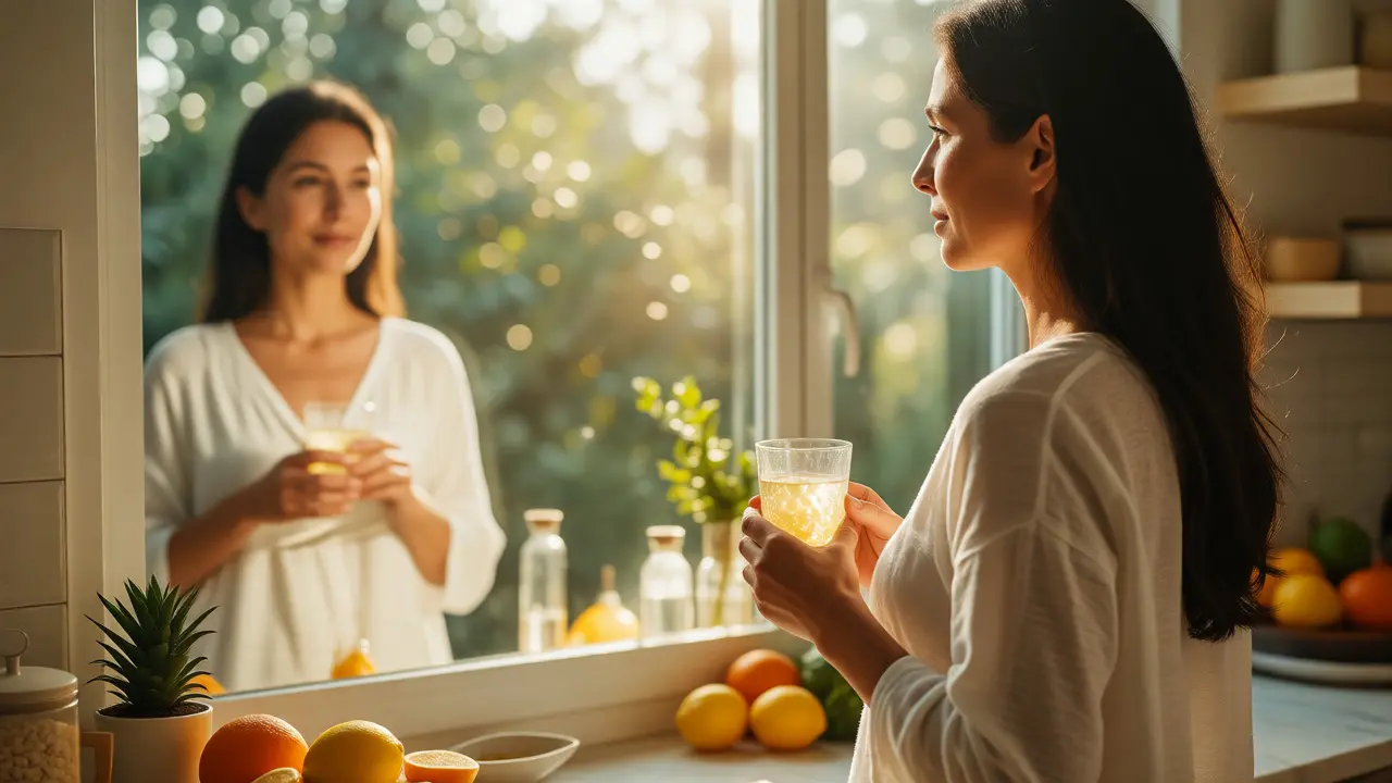Žena pije kolagenovou směs s vitamínem C při ranním světle