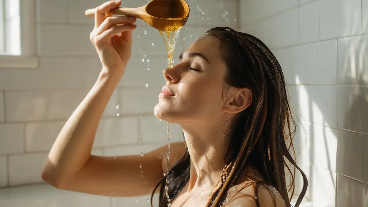 Žena si splachuje vlasy bylinkovým odvarem z dřevěné naběračky